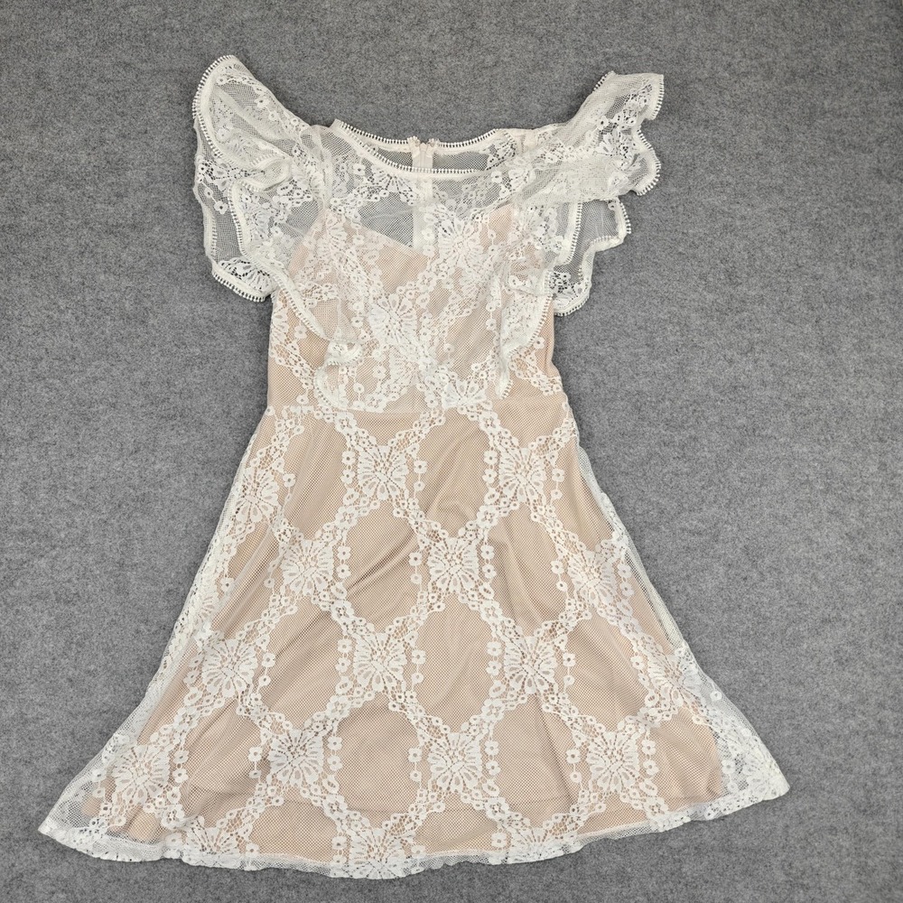 Andrée By UNIT Dress Womens Small Medium White Lace Floral Ruffle A-Line Lined